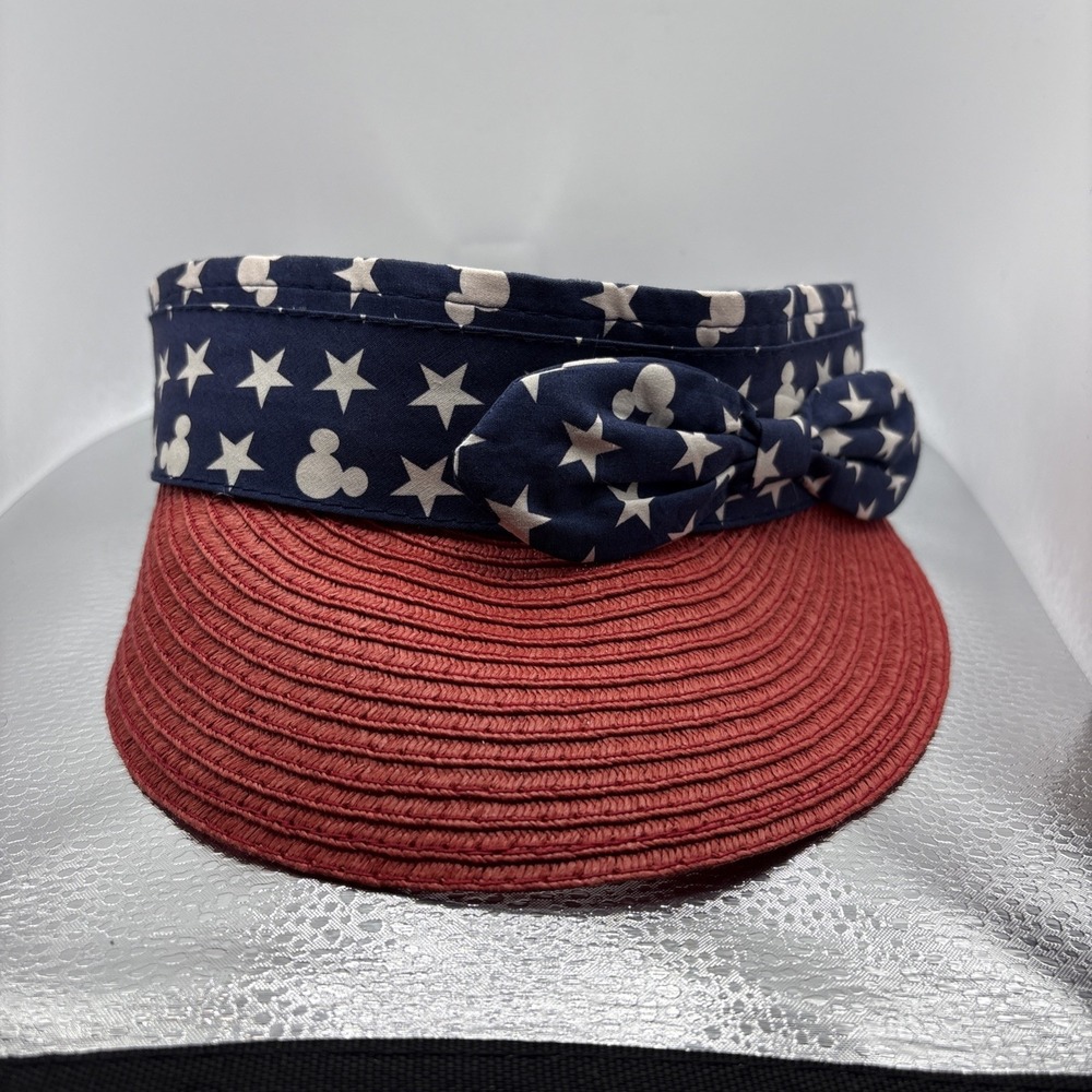 Disney Parks Women's Straw Visor Hat w/ Bow Americana Stars Red White Blue